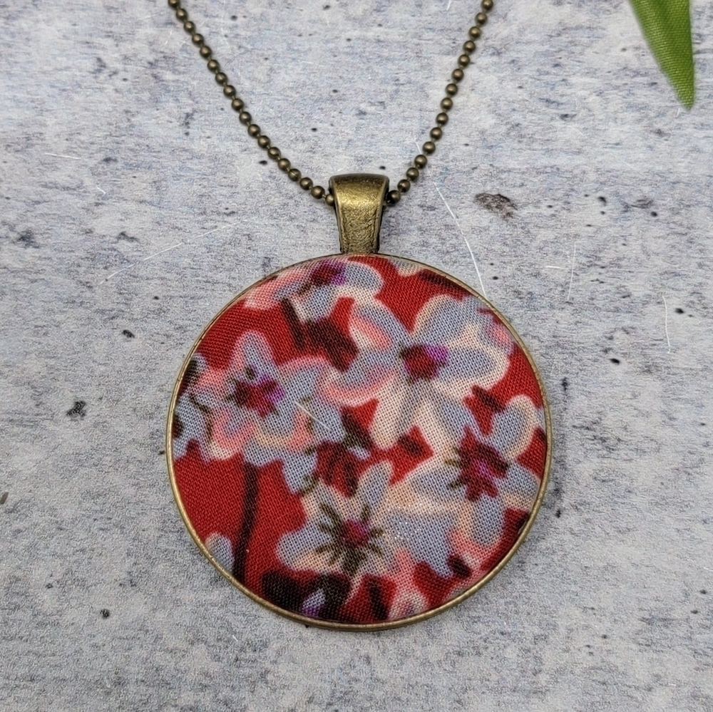 New Handmade | Red Floral Fabric Button Necklace.